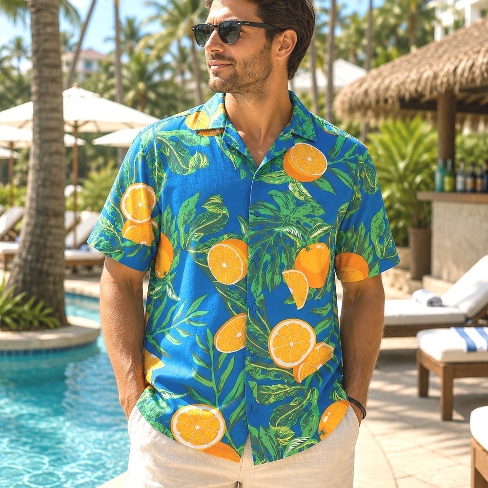 Good Vibes Hawaiian Shirt Mens Medium‎ Blue Floral tropical Stretch Beach